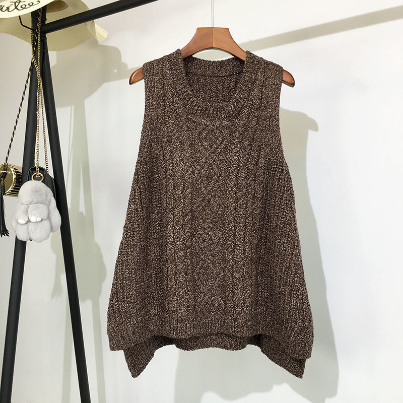Ropa de otoño e invierno Chaleco de lana gruesa para mujer, Chaleco de punto suelto de gran tamaño, cuello redondo en la sección larga del chaleco salvaje: Caqui
