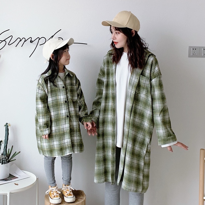 Family Matching plaid long shirts MOM daughter son oversized loose long sleeve shirt family outfits