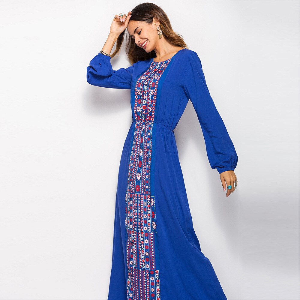 TEXIWAS, vestido de Negro Azul, kimono para mujer, estampado de flores, manga larga, bordado, vestido de línea A, Vestido largo de trabajo Floral