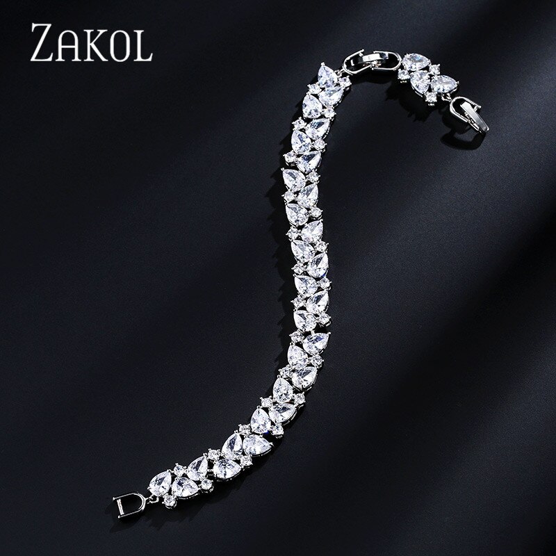 ZAKOL Shiny Cubic Zirconia Women Bracelets Bangles for Brides CZ Leaf Engagement Wedding Jewelry FSBP2104