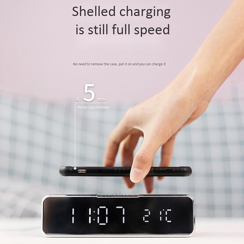 Mobiele Telefoon Elektrische Led Wekker Draadloze Oplader Hd Spiegel Met Tijd Geheugen Digitale Thermometer Klok