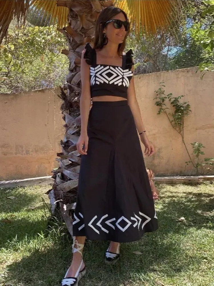 Conjuntos informales de dos piezas para mujer, Tops cortos con manga de mosca a cuadros, falda estampada, conjuntos de vestido, trajes elegantes para vacaciones 2024: L / Negro