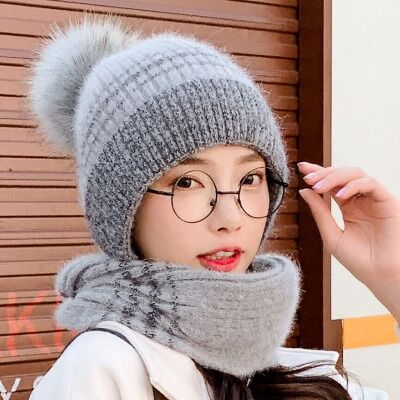 Vinter tykk pluss kashmir varm lue kvinneskjerf fuskepels pomponger vinter kvinners strikke lue ull hatt ski 2 sett: Grå