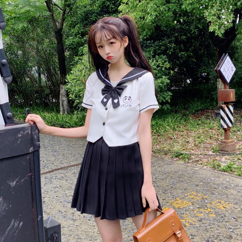 Japanese JK Uniforms College Cute Panda Embroidery Short-Sleeved Tops Pleated Skirt Suit Female Summer school girl uniform
