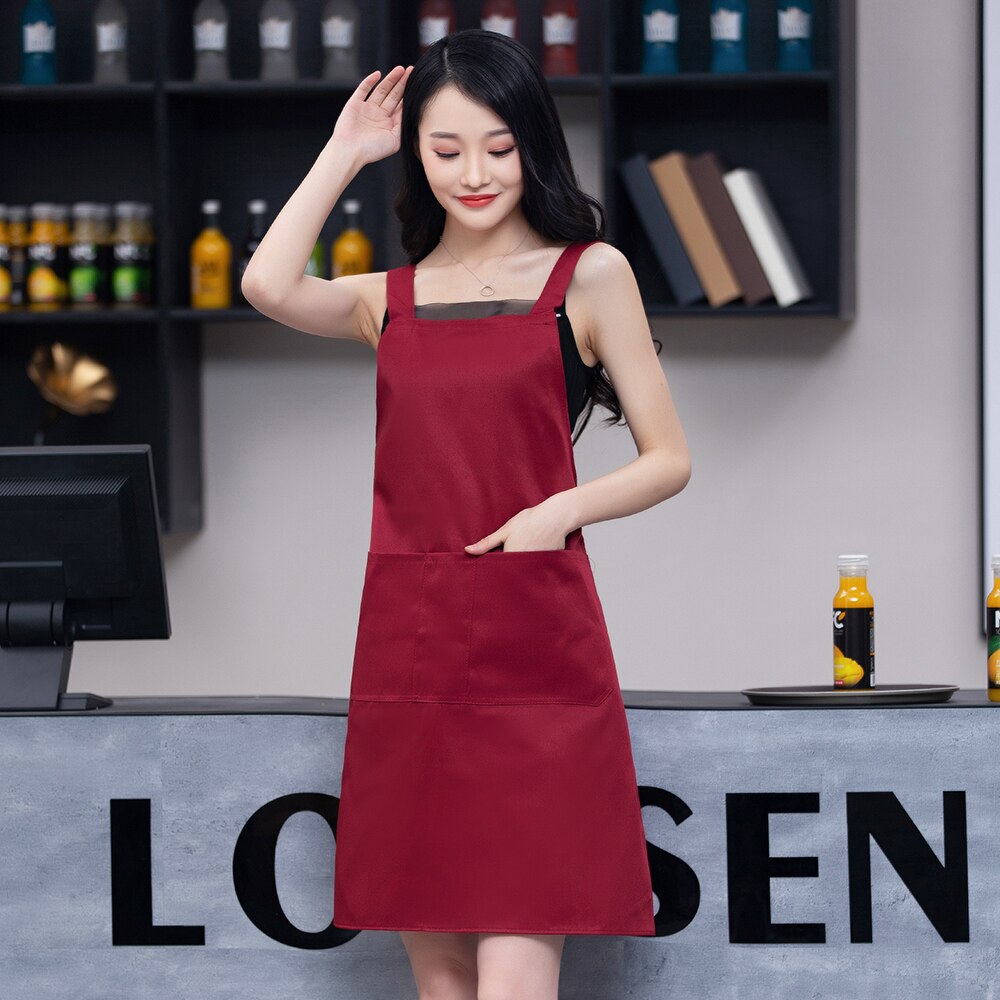 Monochrome double shoulder strap apron unisex kitchen cook apron barbecue haircut work apron restaurant waiter apron: Bruin