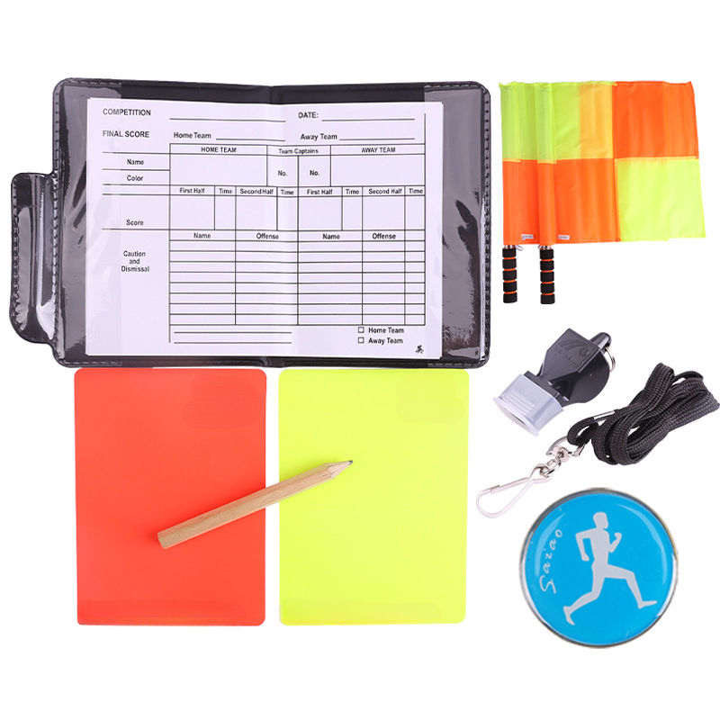 Jeu de cartes d'arbitre de football, drapeau de patrouille d'arbitre, carte rouge et jaune avec crayon, carte d'avertissement de football et cueilleur de bord