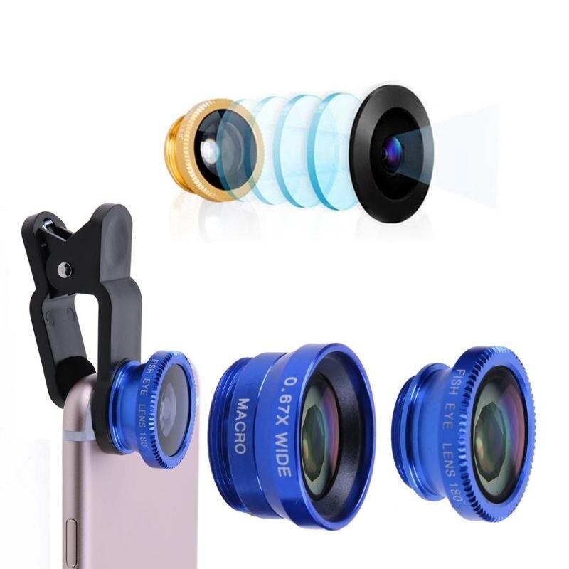 0.67x vidvinkel makro fiskeøje linse telefon universal 3 in 1 fiskeøje linse til iphone xr xs max  x 8 7 6 plus se kamerasæt: Blå