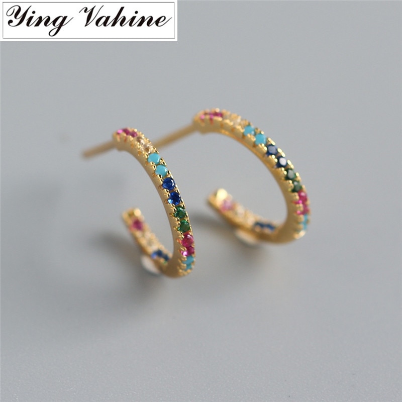 Ying Vahine, recién llegados, 100% Plata de Ley 925, Multicolor, Mini circonitas semicirculares, pendientes de tuerca para mujer