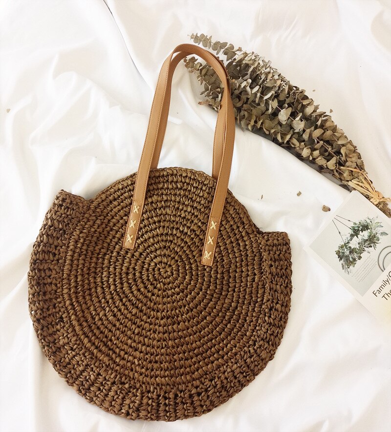 precioso bolso redondo de paja para mujer, bohemio, informal, de verano, tejido a mano, redondo, de mimbre, bolsos de playa, bolso de hombro de paja a la para mujer: 2