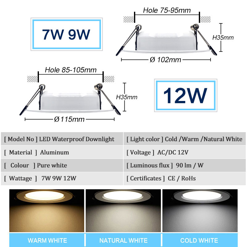 DC 12V Led Downlight 5W 7W 9W 12W Ceiling lamp Recessed Cold Natural Warm white Indoor Lighting