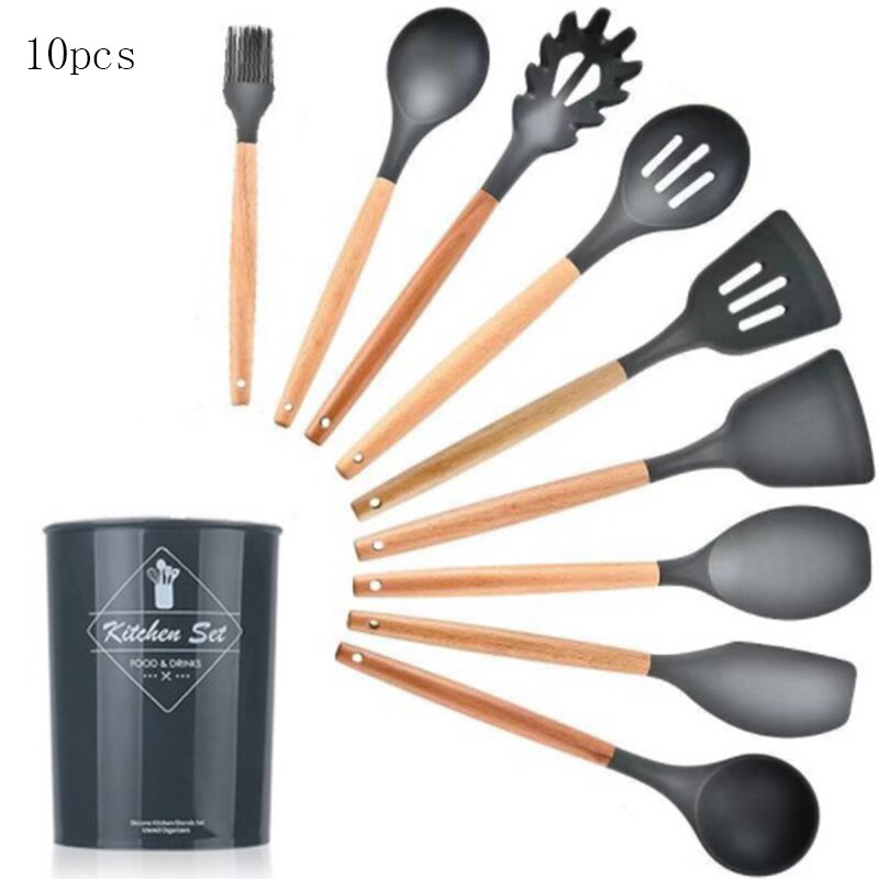 Silicone Cooking Utensils Set Soup Spoon Spatula Brush Non-Stick Shovel Wooden Handle Kitchen Tool Heat-Resistant: 10pcs A