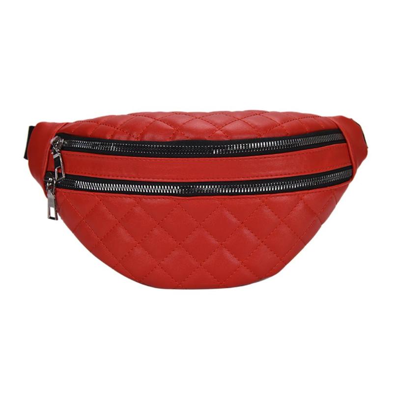 Women PU Leather Banana Waist Bag Double Zipper Belt Bag Brand Fanny Pack Casual Crossbody Chest Bag Phone Pouch rinoner: Red