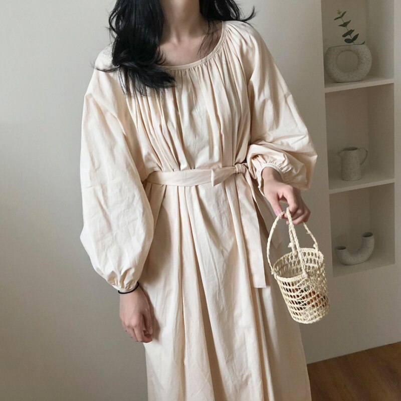 Superaen estilo coreano outono sólido o pescoço plissado laço-up cintura abraçando-bolso tornozelo comprimento longo lanterna manga vestido feminino
