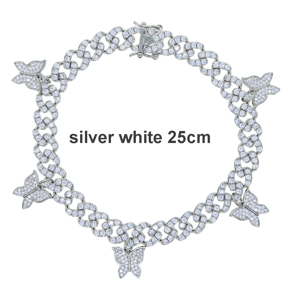 arrived Summer Beach Anklet Foot Leg Jewelry Iced out bling cz cuban chain drip cz butterfly charm anklet jewelry 9" 10": silver white 25cm