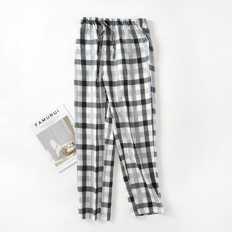 Plus Size Cotton Plaid Men Sleep Bottoms Comfort Pajama Simple Loose Sleepwear Pants Pijamas Male Sheer Pyjama Trouser Homewear: Black / M