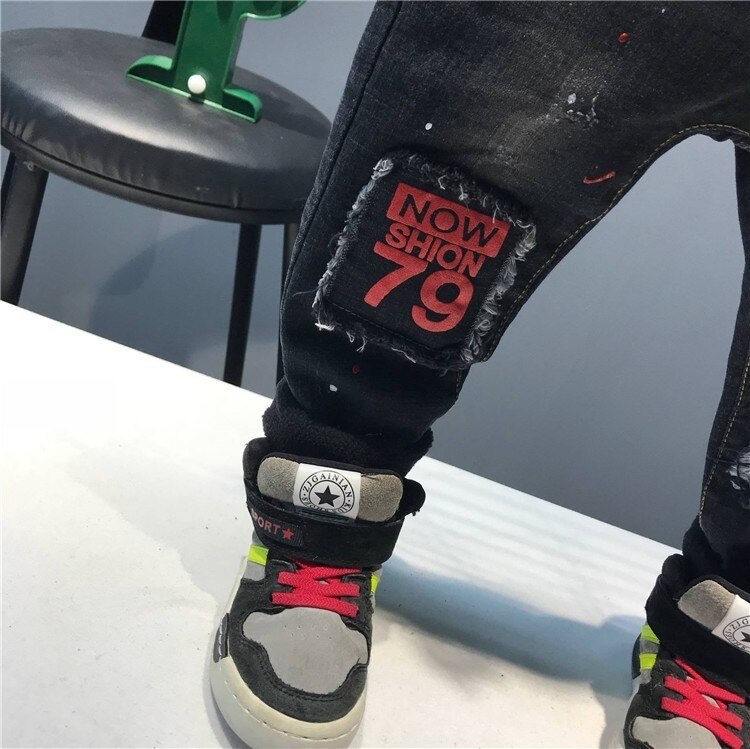 Barn jeans tryck plus sammet varma jeans för pojke patchwork målade byxor höst vinter tjocka jeans baby boy byxor