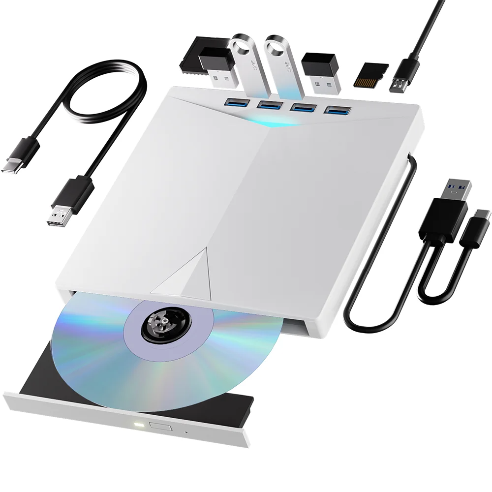External CD DVD Drive with 4 USB Ports and 2 TF/SD Card Slots, USB 3.0 Portable CD/DVD Disk Drive Player Burner Reader Writer