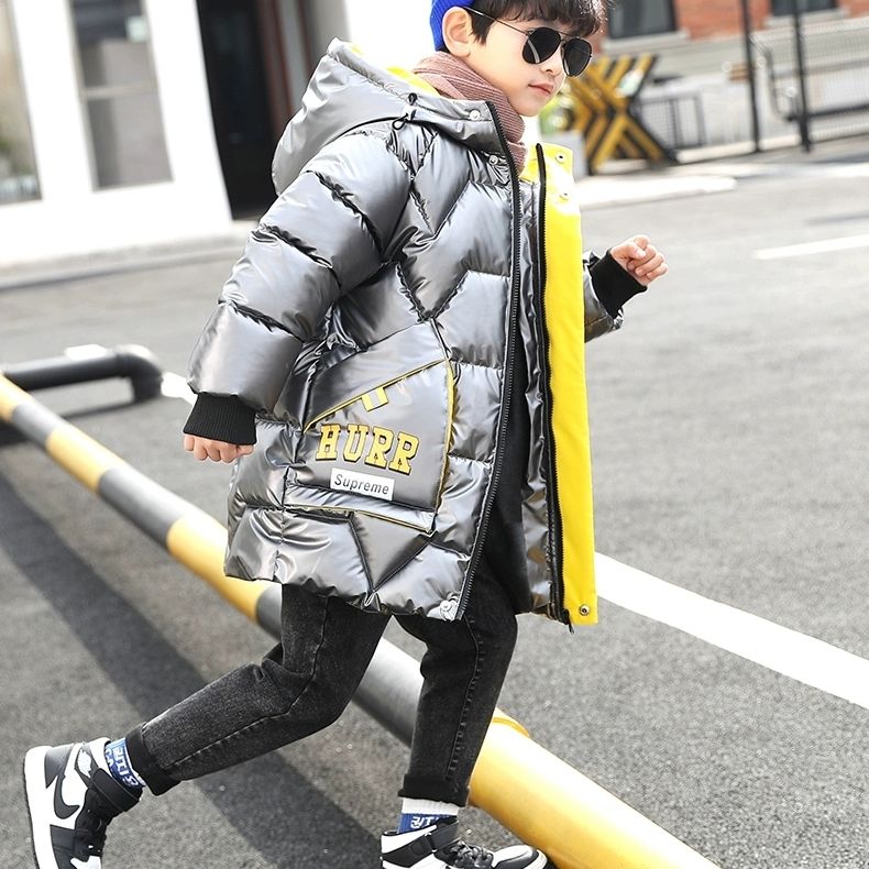 Menino inverno parka acolchoado jaqueta engrossado longo crianças acolchoado casaco com capuz casual adolescente crianças plus cashmere roupas para crianças: Prateado / 150