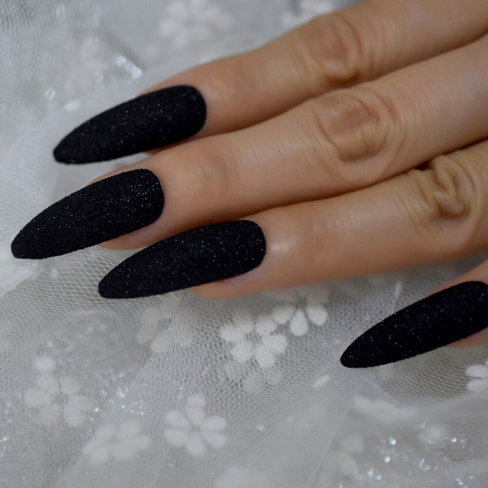 Black Glitter Shimmer False Nails Extra Long Pointed Ladies Faux Ongles Party Beautiful Decorated 24
