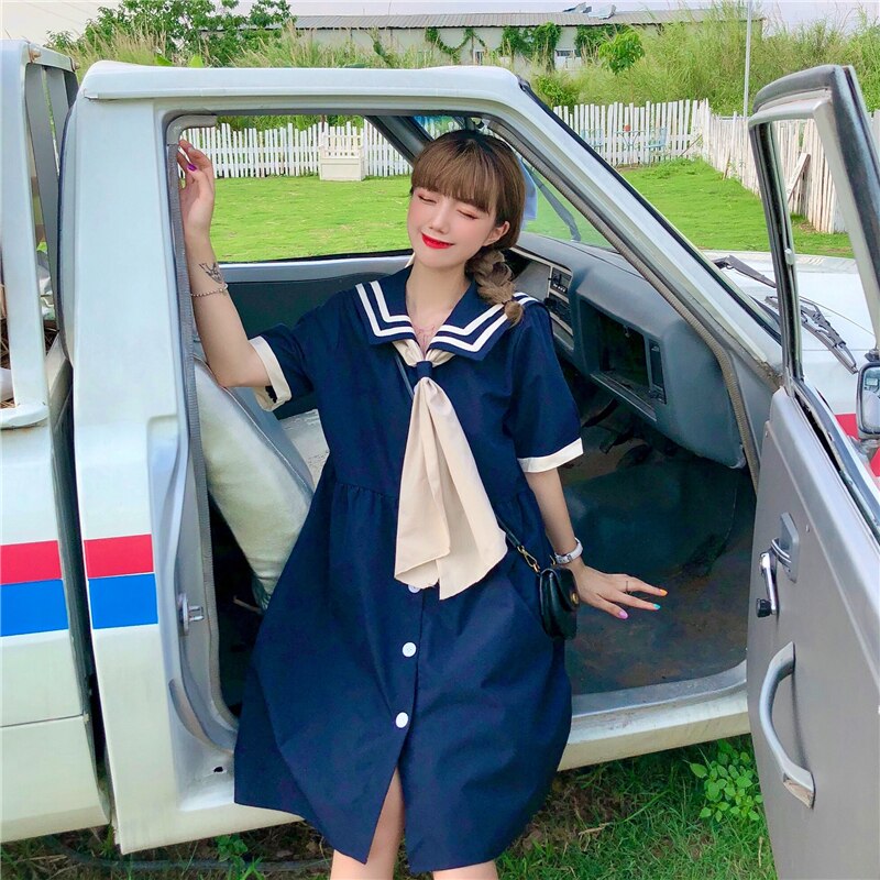 Primavera jk cuello marinero estilo universitario Vestido de manga larga femenina dulce estudiante suave suelta versión coreana de la falda japonesa tide: Blue short sleeve