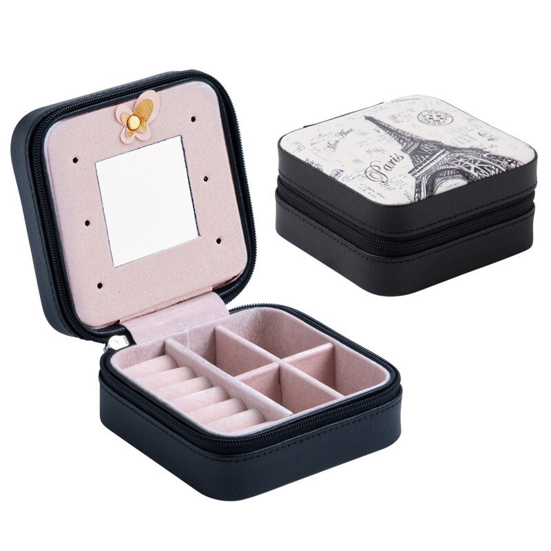 Guanya, novedad, Mini pendientes de tuerca, caja de joyería, organizador de maquillaje útil con cremallera, viaje, estuche de exposición portátil, para mujer: Black 2layer Tower