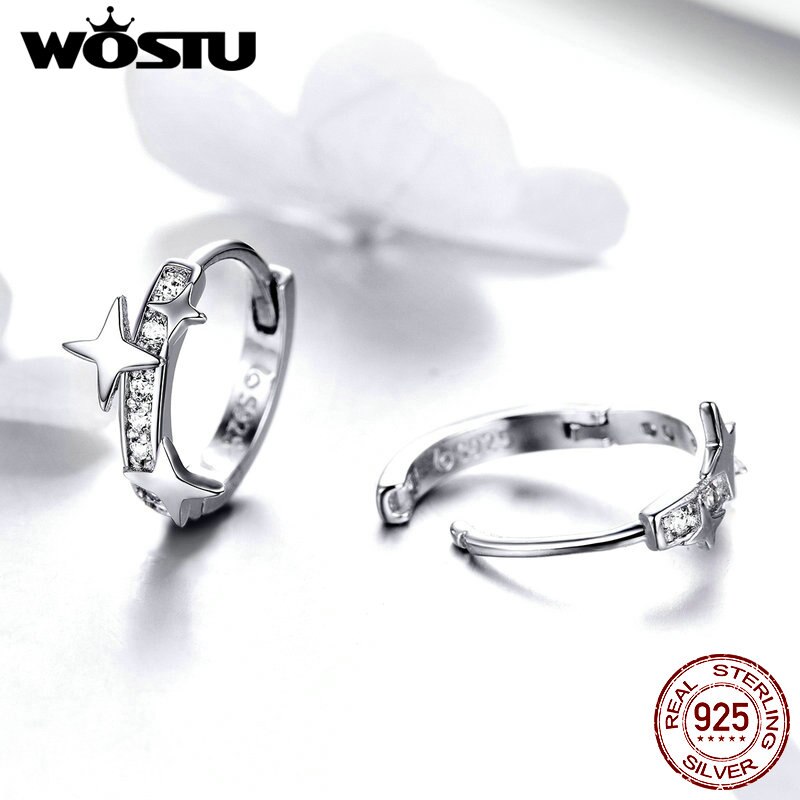 Wostu Brilliant Star Oorringen 925 Sterling Zilver Dazzling Zirkoon Cirkel Kleine Oorbellen Voor Vrouwen Zilver 925 Sieraden CTE076