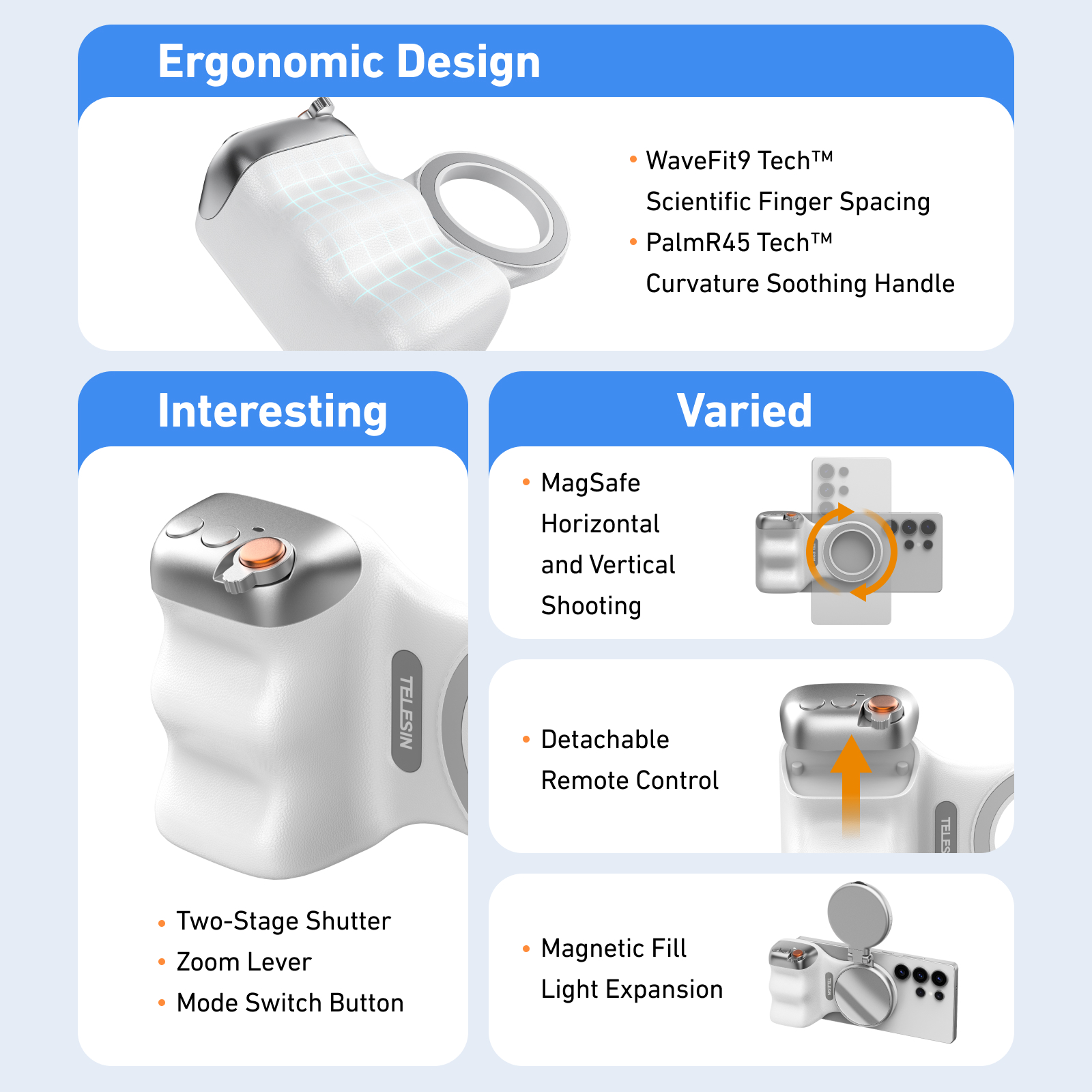 Fun Shot Impugnatura magnetica, impugnatura per fotocamera per telefono in stile ergonomico con telecomando staccabile, funzionalità espandibile per iPhone/Android