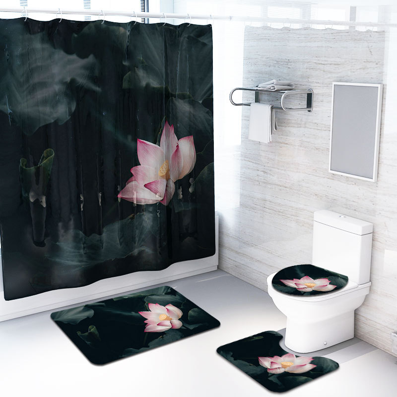 Bloem Patroon Afdrukken Badkamer Waterdicht Douchegordijn Set Voetstuk Tapijt Deksel Tapijt Wc Cover Set Bad Gordijn Mat Set: 4 Pieces  set -D