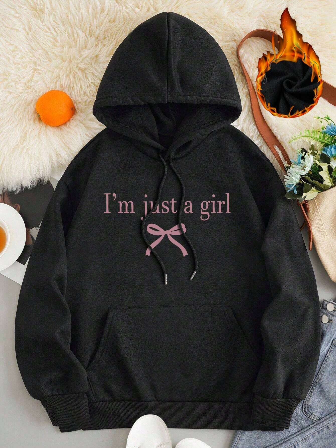 Sweat à capuche imprimé simple I'm Just A Girl pour femme, haut à col rond vintage, sweat à capuche confortable, vêtements Harajuku, sourire, , automne: XXL / Marron