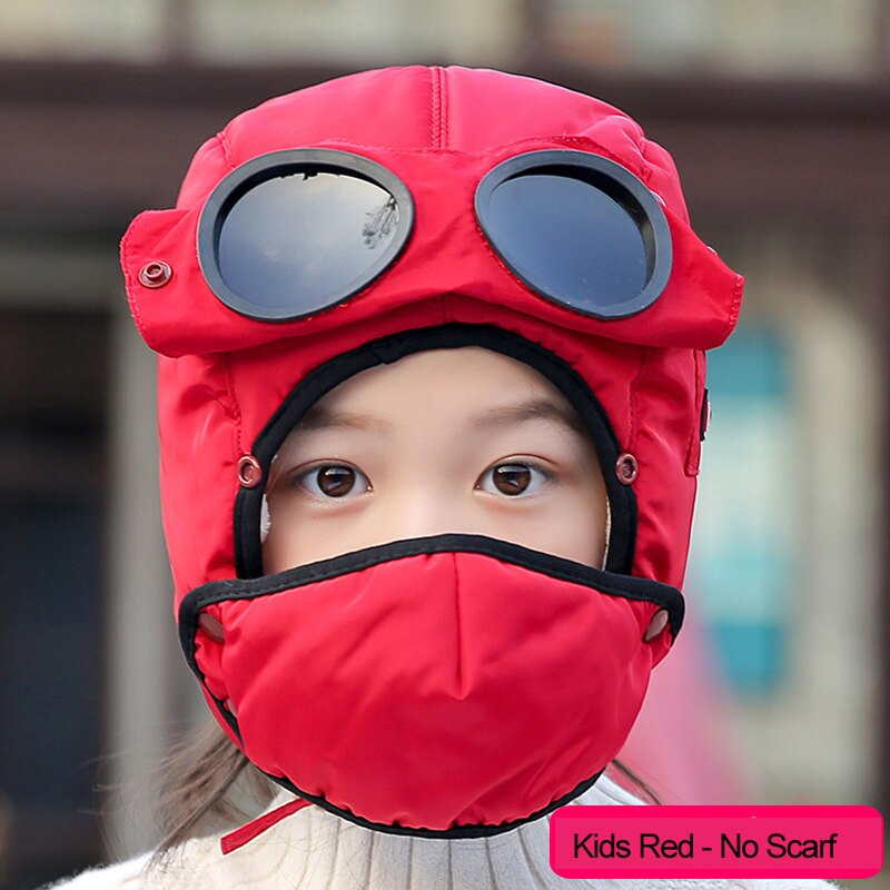 Warm Winter Wind Stopper Face Hats Outdoor Ski Masks Bike Cyling Beanies waterproof hood hat with glasses cool balaclava: Kids Red