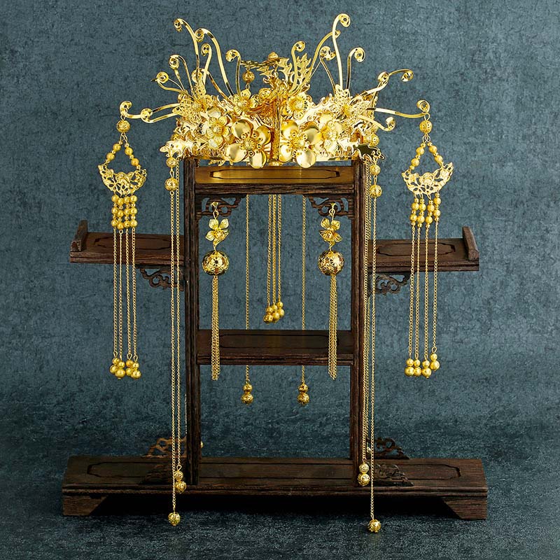 Traditional Ancient Chinese Headwear Jewelry Set Gold Phoenix Step Shake Tiara Crown Long Tassel Earrings for Bride Wedding: Default Title