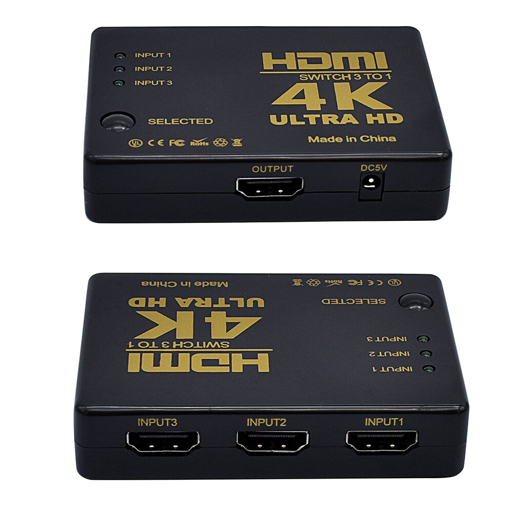 Hdmi splitter kabel 4k hd 1080p 5 ind i port mini switcher med ir fjernbetjeningsvælger til hdtv dvd tv xbox  ps3/4 z2 laptop: 3 til 1 ud