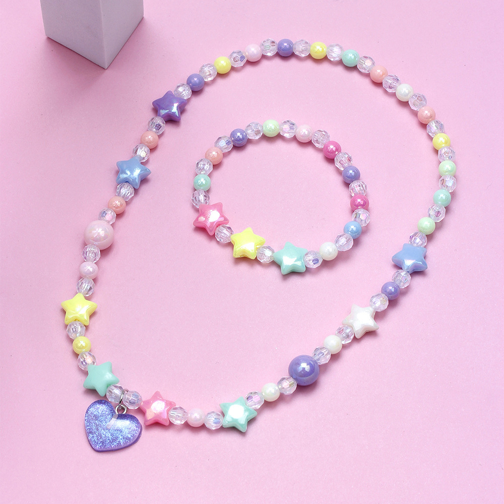 Conjunto de pulsera y collar dulce para niños, collar con cuentas coloridas de caramelo para niñas, joyería DIY al por mayor: Zinc negro plateado
