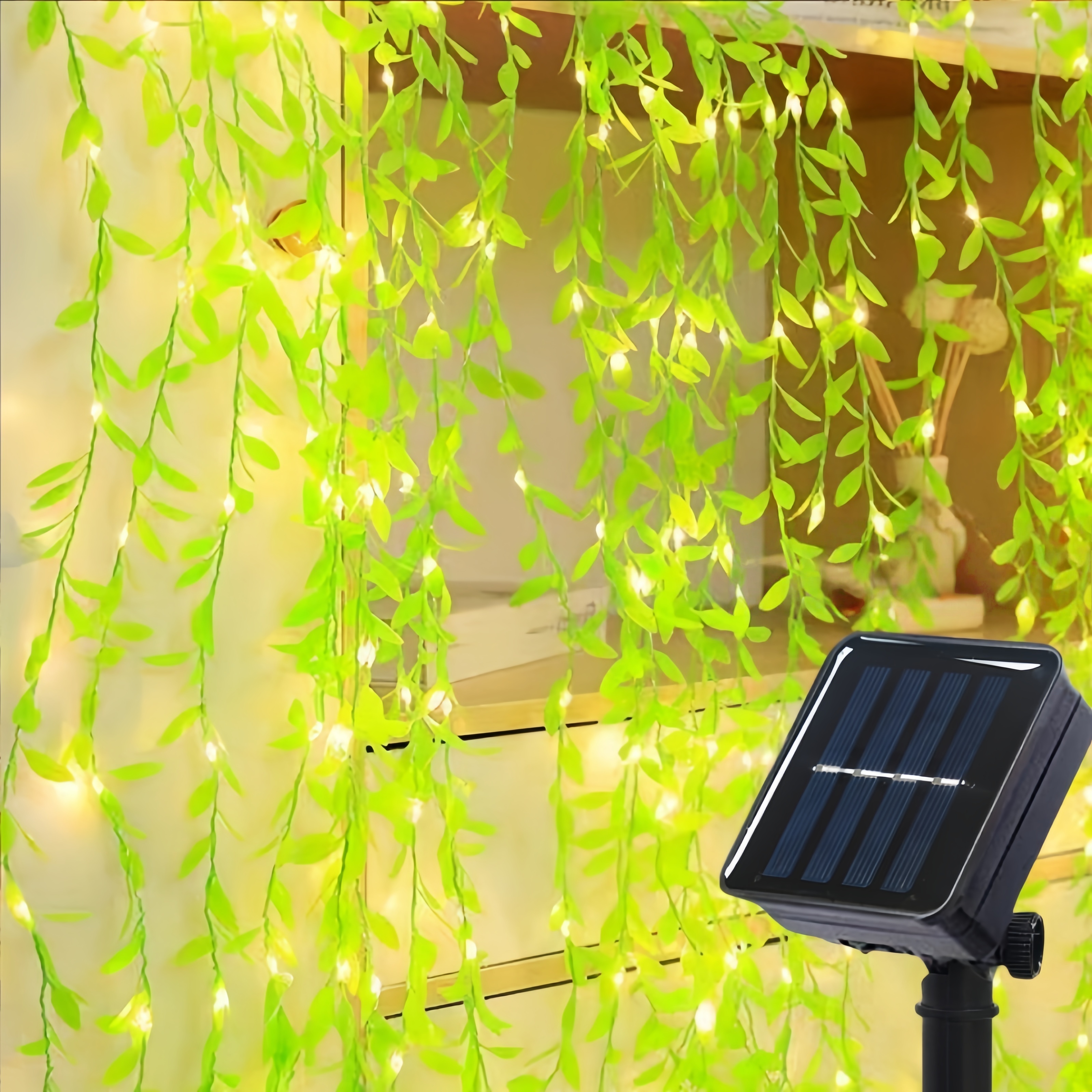 Guirnalda de luces solares de vid 50/100LED con 8 modos, hoja de hiedra Artificial, luz de hadas Solar para exteriores, decoración navideña para jardín al aire libre: Luna Azul / 6-10 W