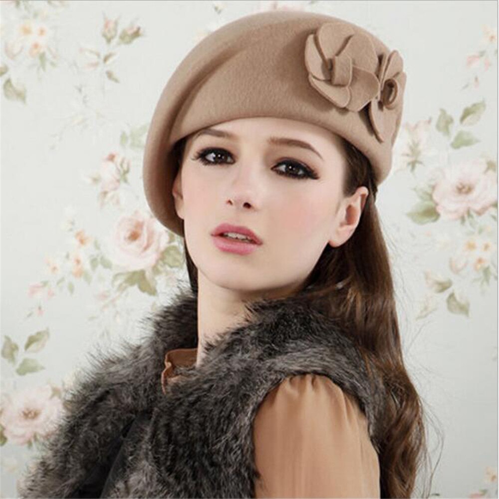 Female Beret Hat For Women Beanie Female Cap Flower French Trilby Wool Soft Stewardess Hat Gorras Planas Winter