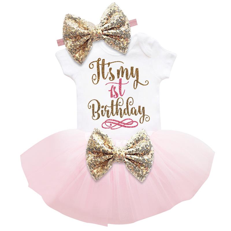 En fødselsdagsfest kjoler outfits til 1 år baby pige dåb tutu kjole nyfødt 1st fødselsdag 3 stk dåb slid tøj: 4