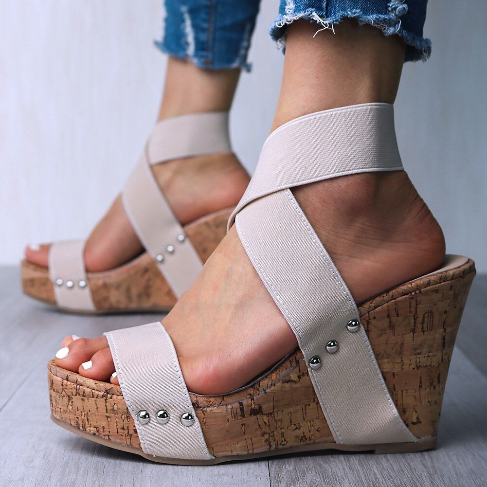 SARAIRIS Big size 43 Wood platform high heels elastic band wedges sandals female summer shoes women