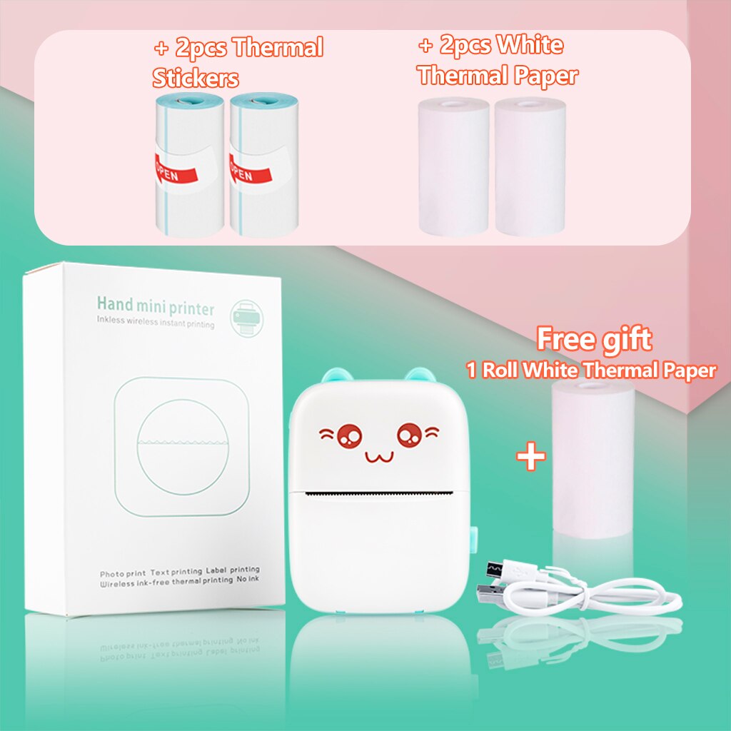 Portable Thermal Printer Paper Photo Pocket Cat Thermal Printer 57mm Printing Wireless Bluetooth Android IOS Printers For Child: Blue 2White 2Sticker