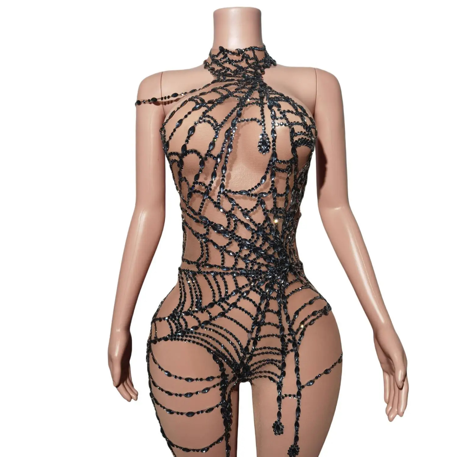 Doorzichtige Jumpsuit Voor Dames Spinnenweb Diamant Mouwloze Fitnes Activiteit Workout Overalls Slim Stretch Club Dance Podiumkleding
