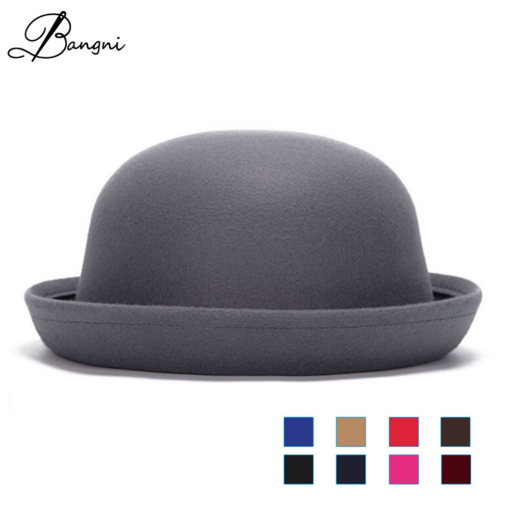 Fall Winter Women Girls Fedoras Hat British Vintage Wool Felt Hats Chapeau Top Church Cap Black Red Solid Bowler Caps