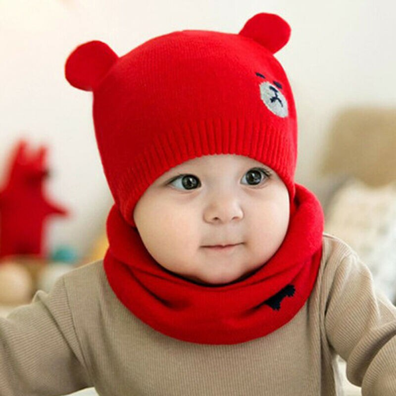 2 -delad nyfödd höstvintermössa haklapp baby söt björn baby print stereoörat stickad hatt småbarn barnullskeps för barn