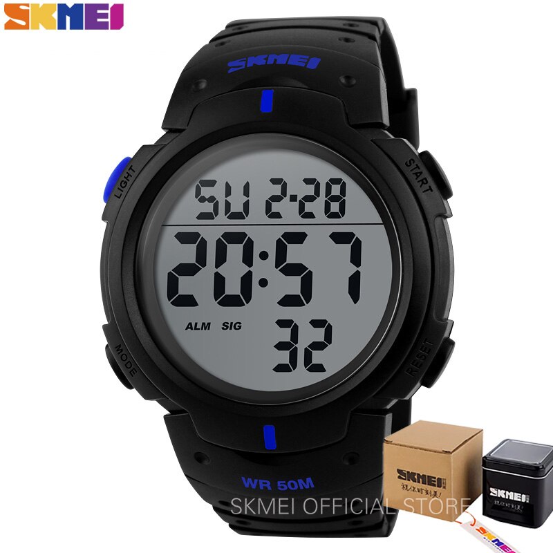 Skmei utendørs sportsklokke herre stor urskive enkle klokker kalender pu stropp 5 bar vanntett digital klokke reloj hombre 1068: Blå med eske