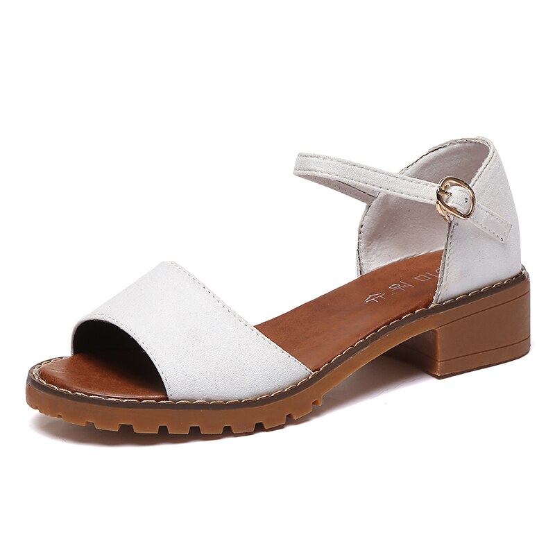 Sommar blommiga sandaler fisk mun kvinnor sandaler pu mocka retro högklackat fyrkantig klack kvinna spänne sko storlek 35-40 q418: Vit / 6