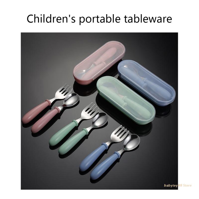 Y4UD 6pcs Toddler Stainless Steel Untensils Set Children Safe Flatware Food Feeding Fork Spoon Cutlery with Travel Case