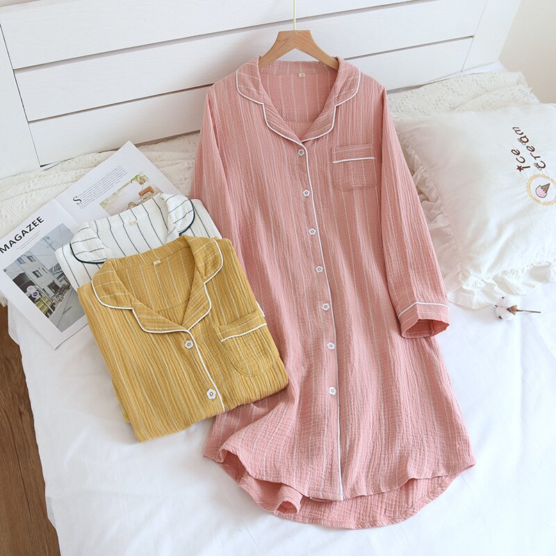 Summer Ladies Cotton Nightgowns Long-sleeved Simple Plus Size Sleepwear Double-layered Gauze Sleeping Dress Striped Sleep Tops