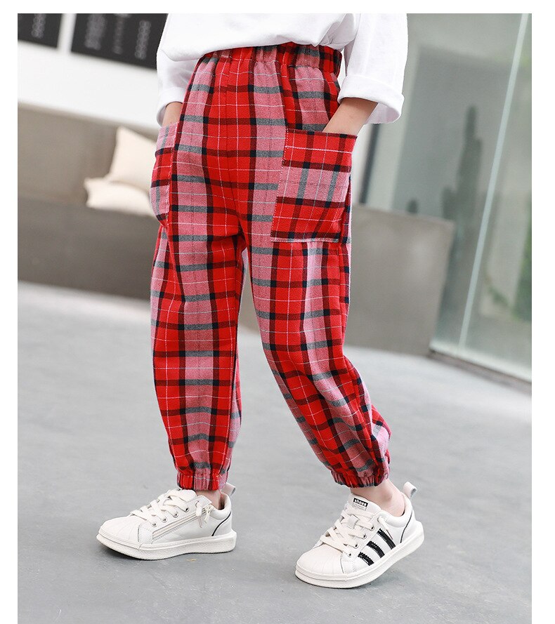 Tienerjongens broek herfst casual sport losse retro kinderen jongens geruite broek student kinderen broeken 6 8 10 12 jaar: Rood / 6