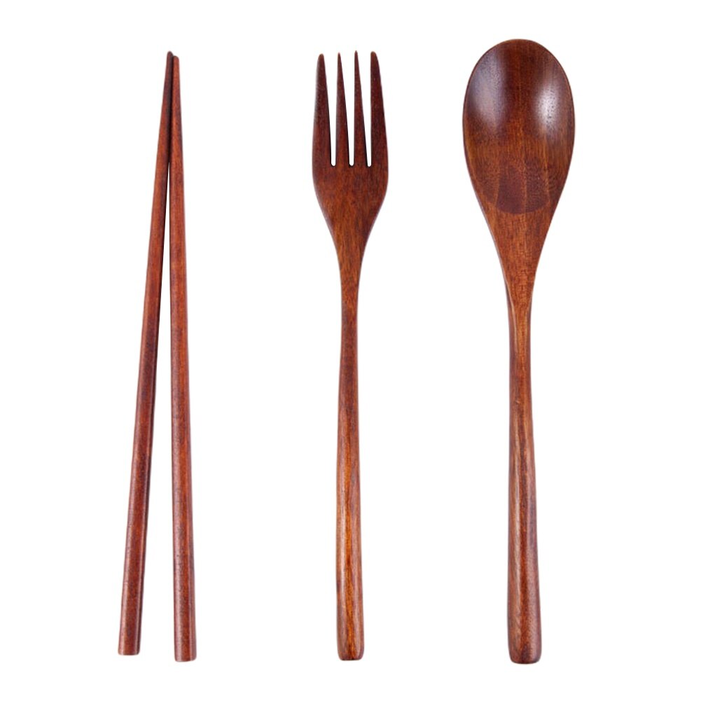 Chinese Tableware Set Wooden Spoon Fork Chopsticks Portable Easy to Clean Travel Dinnerware Suit: A3