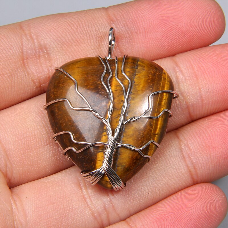 1pc verde Naturale aventurine giade gioiello di pietra del pendente per le donne degli uomini coppie di guarigione del cuore Filo Avvolto Albero della Vita pendente di fascino: 13.silver tiger eye