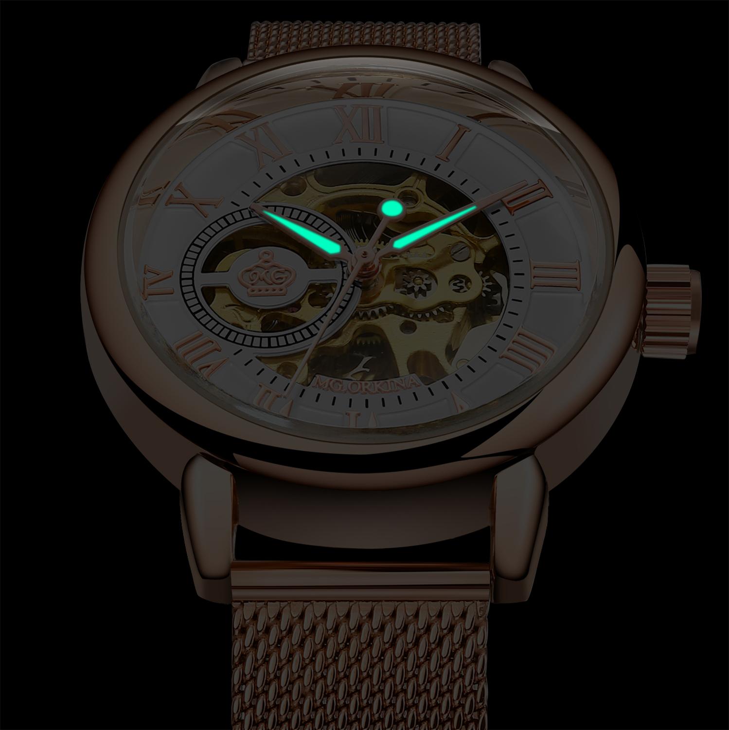 ORKINA Mechanische Frauen Armbinde Uhr Skelett Automatische Armbanduhr Gittergewebe Edelstahl Band Weibliche Uhr schick Reloj Mujer