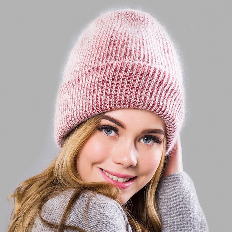 Vinter kvinders angola uld strikket hat varm uld beanie udendørs sport toppede cap uld cap: Rødvin